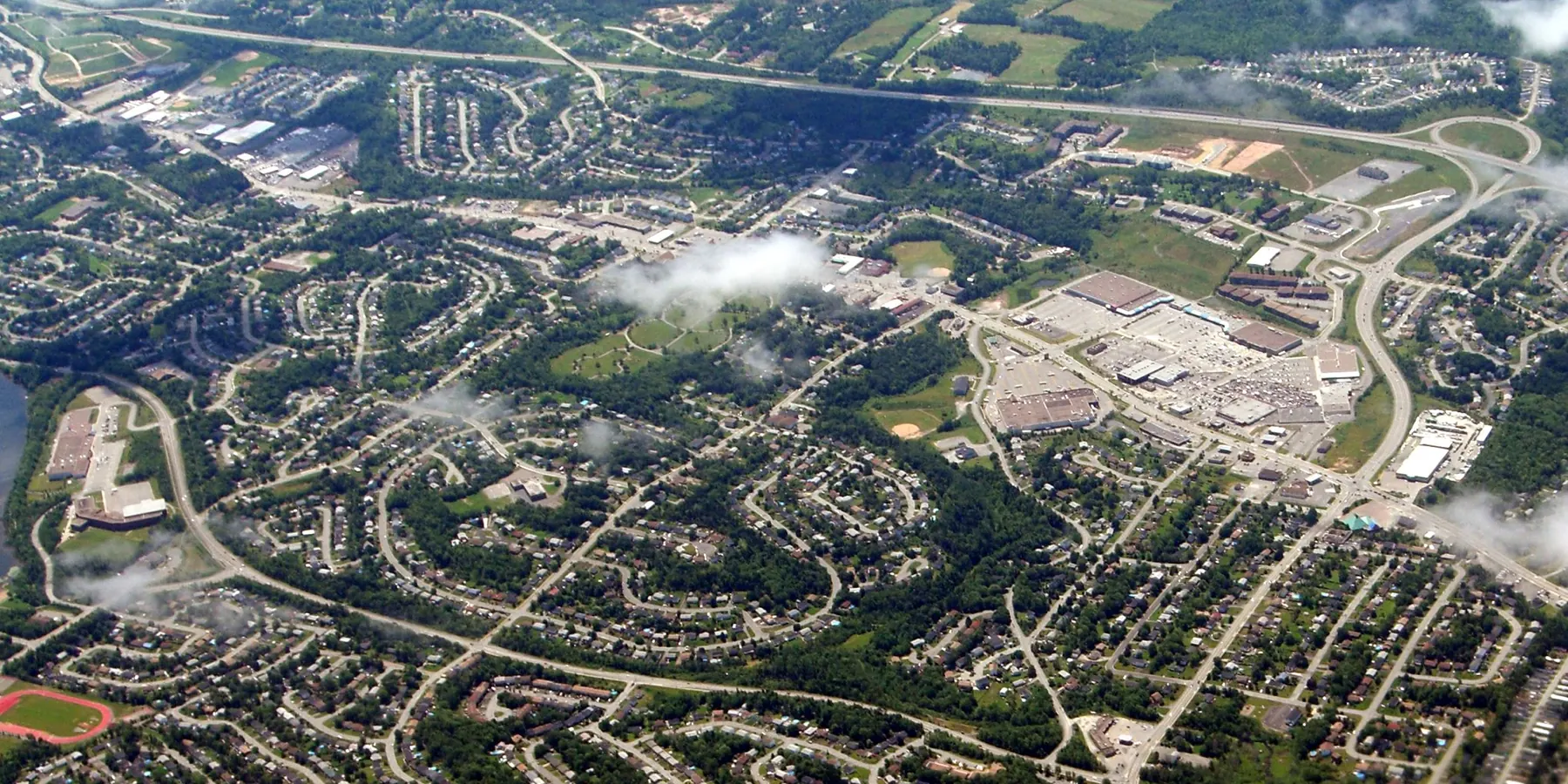 Aerial view of Lower Sackville, showing its residential subdivisions, main road and shopping areas.